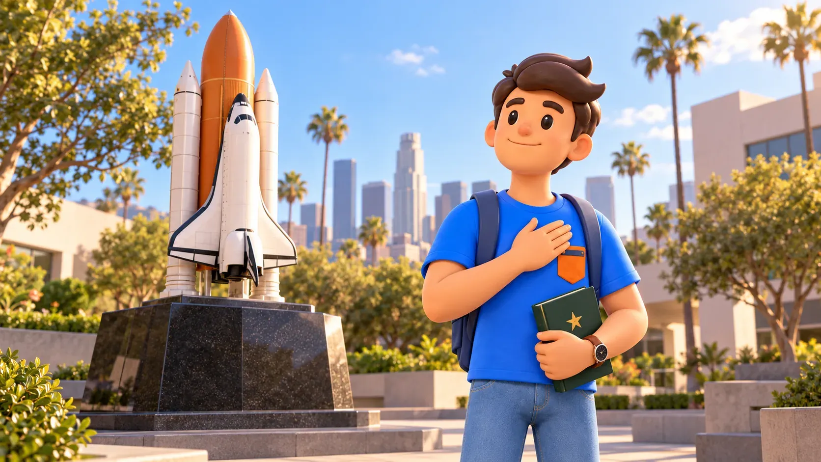 A traveler with a book beside an illustrated memorial with a space shuttle model.