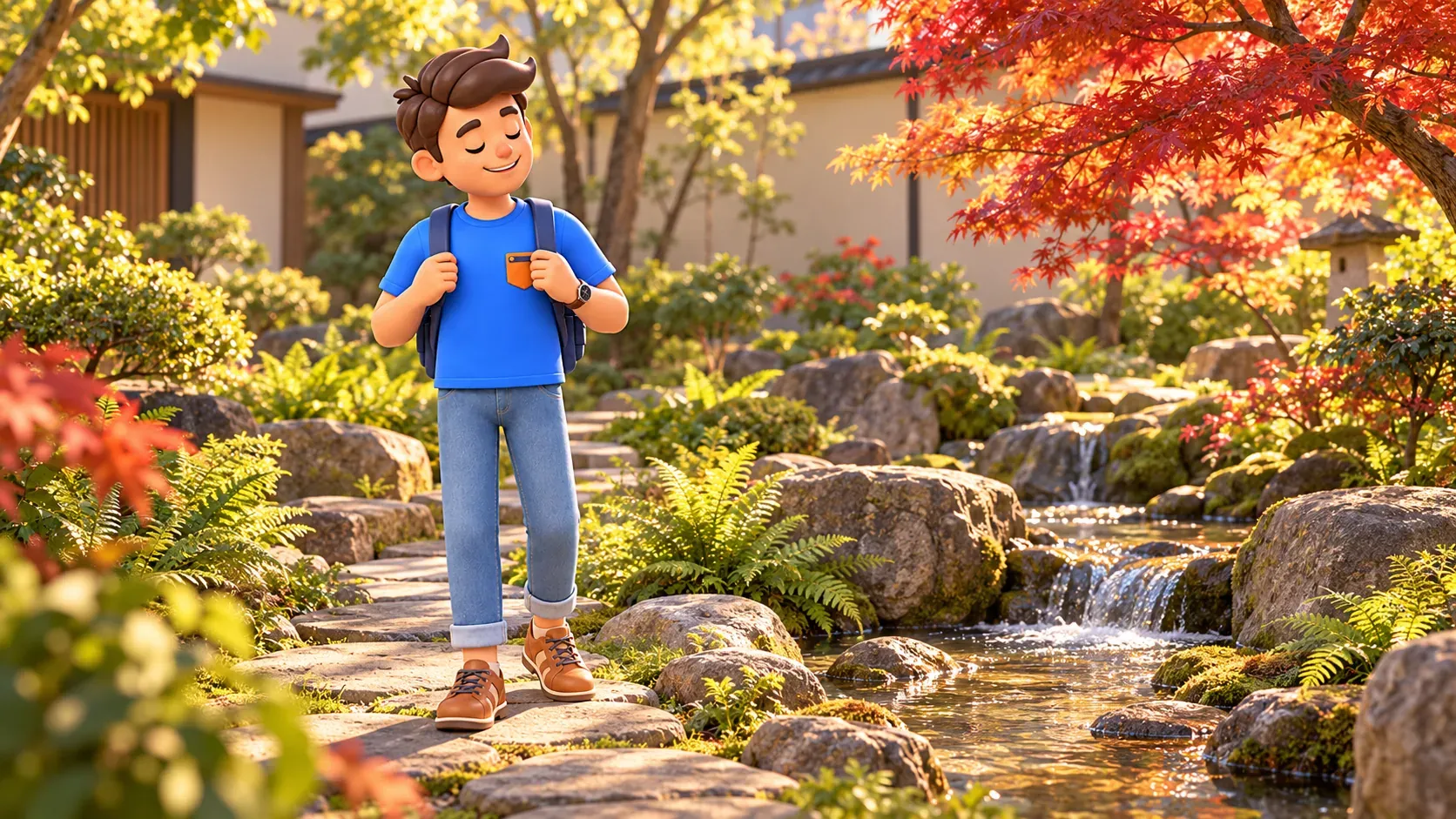 The traveler pauses beside a stream in a Japanese garden, in a thematic illustration.