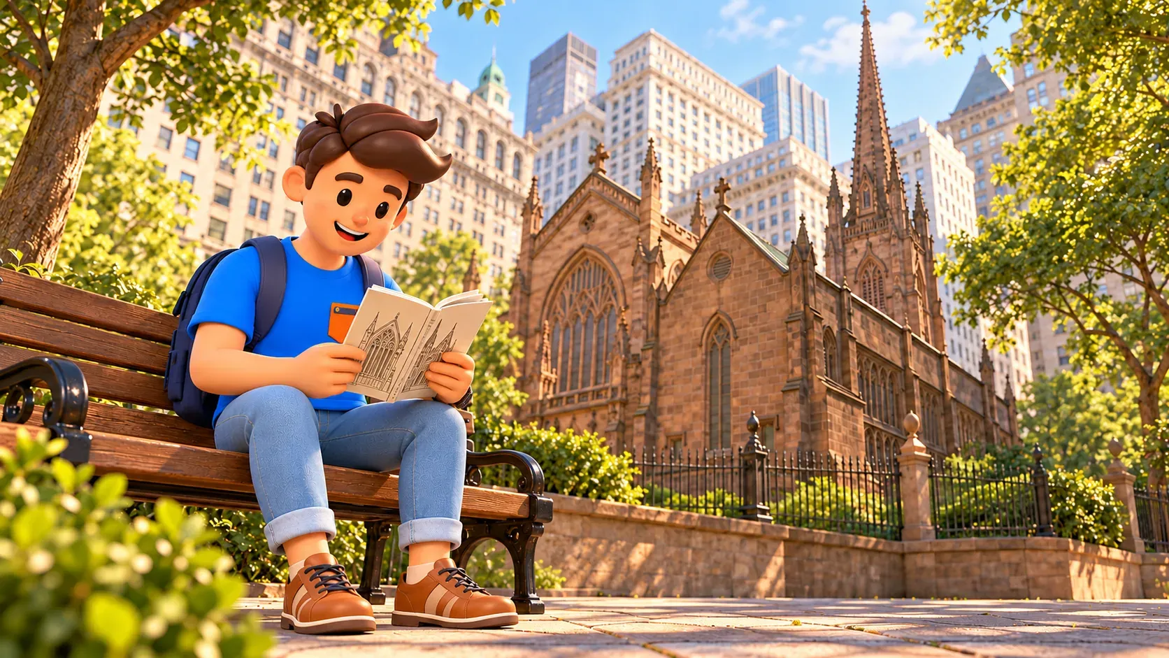 Ilustración de un viajero leyendo un libro de arquitectura en un banco frente a Trinity Church.