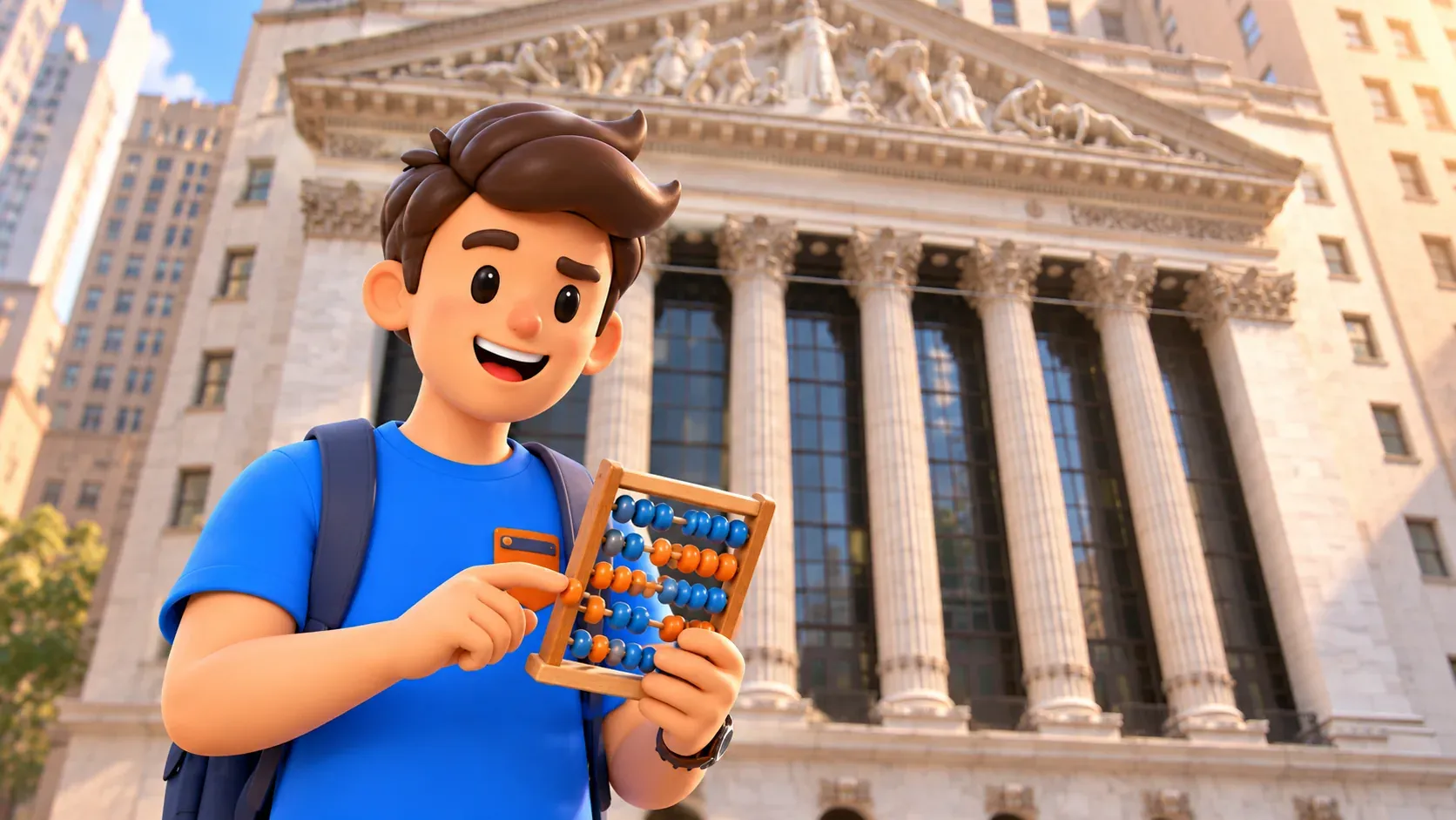 Ilustración conceptual de finanzas: un viajero con su propio ábaco ante la Bolsa de Nueva York.