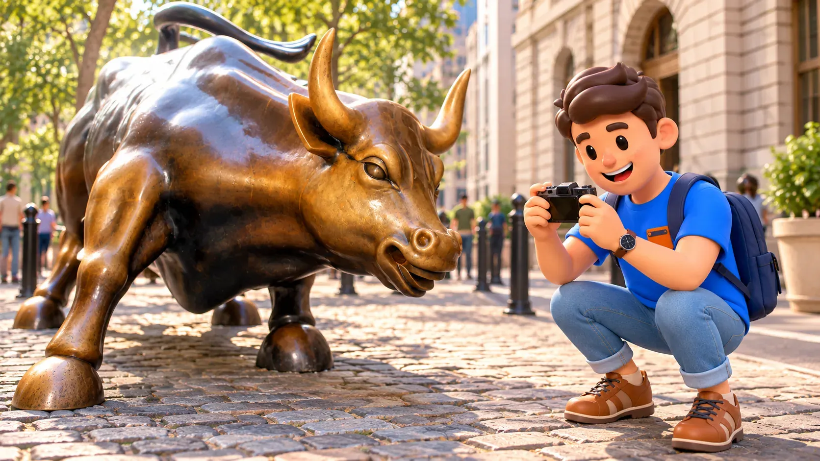 Ilustración de un viajero agachado con cámara cerca de la escultura de bronce Charging Bull.