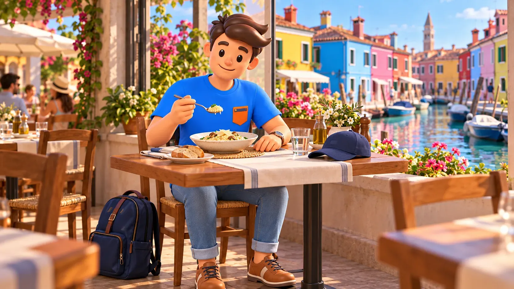 Symbolische Illustration einer Mittagspause in einem nicht benannten Restaurant auf Burano