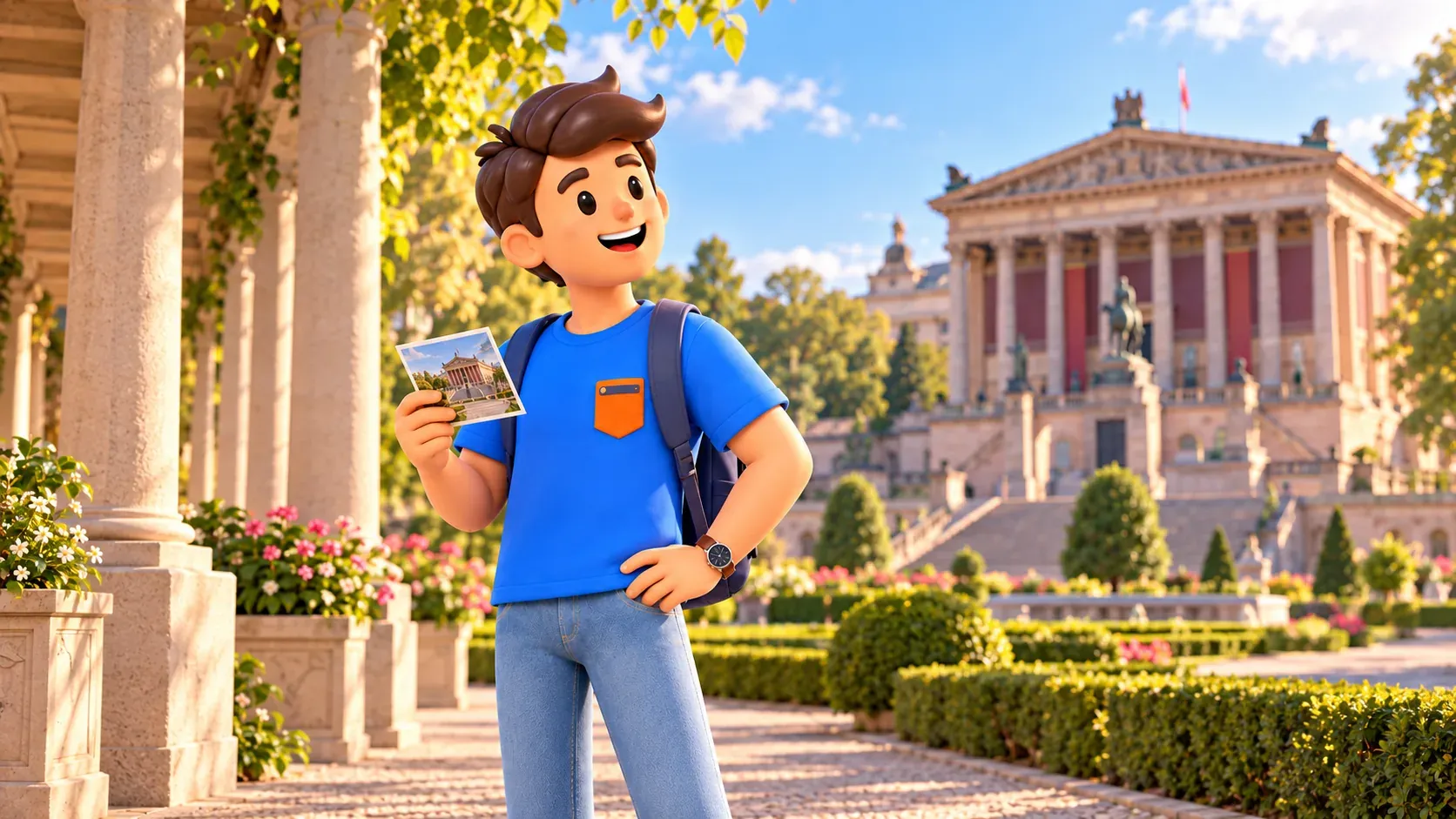 Illustration eines Reisenden mit Postkarte im Garten vor der Alten Nationalgalerie.