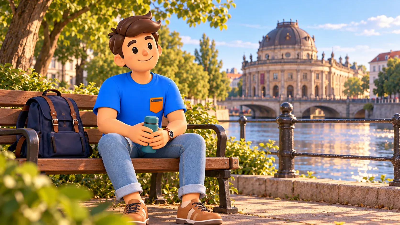 Illustration eines Reisenden mit Thermosflasche auf einer Bank mit Blick zum Bode-Museum.