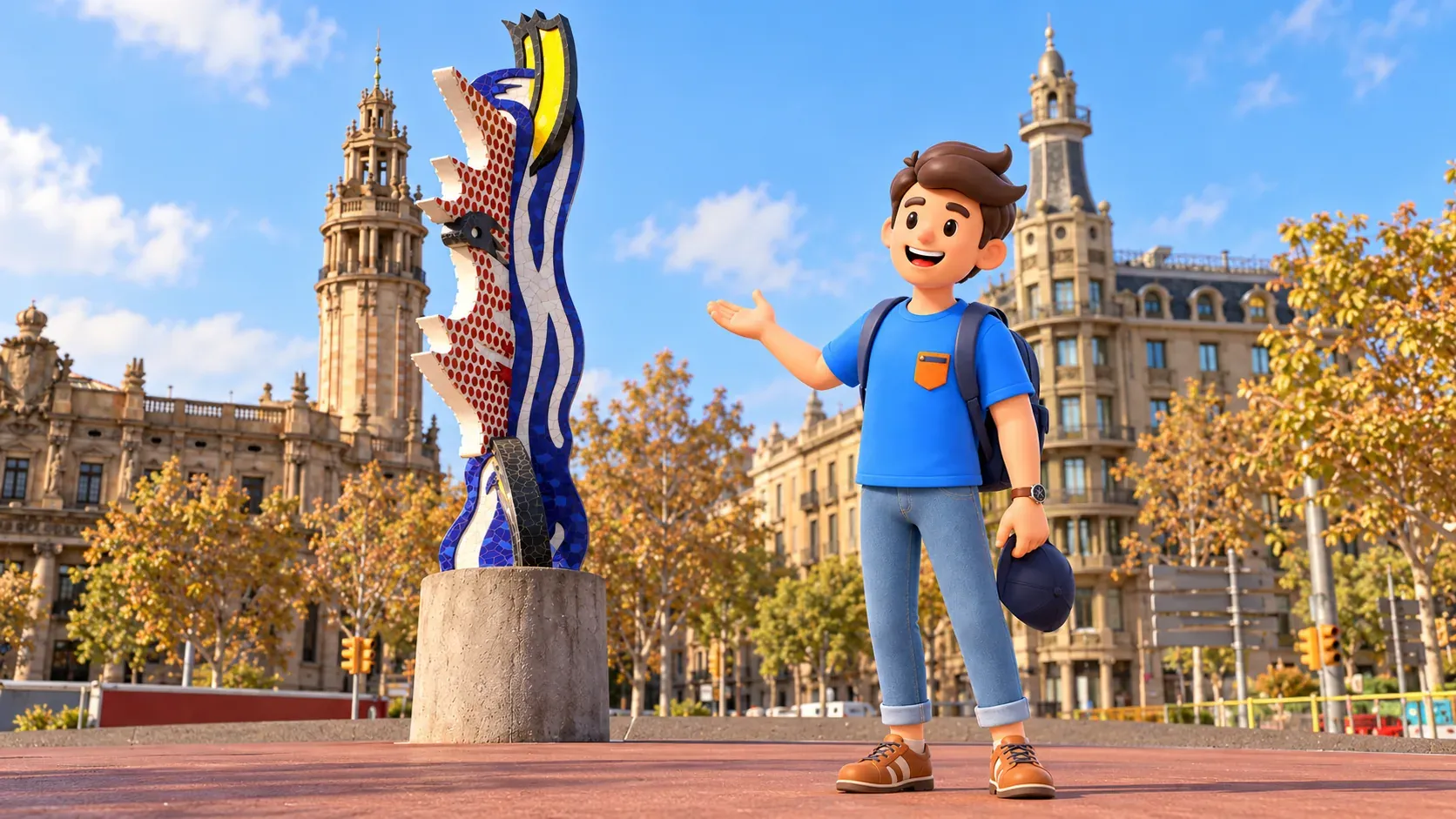 Illustration d’un voyageur tenant sa casquette près de la Tête de Barcelone colorée de Roy Lichtenstein.