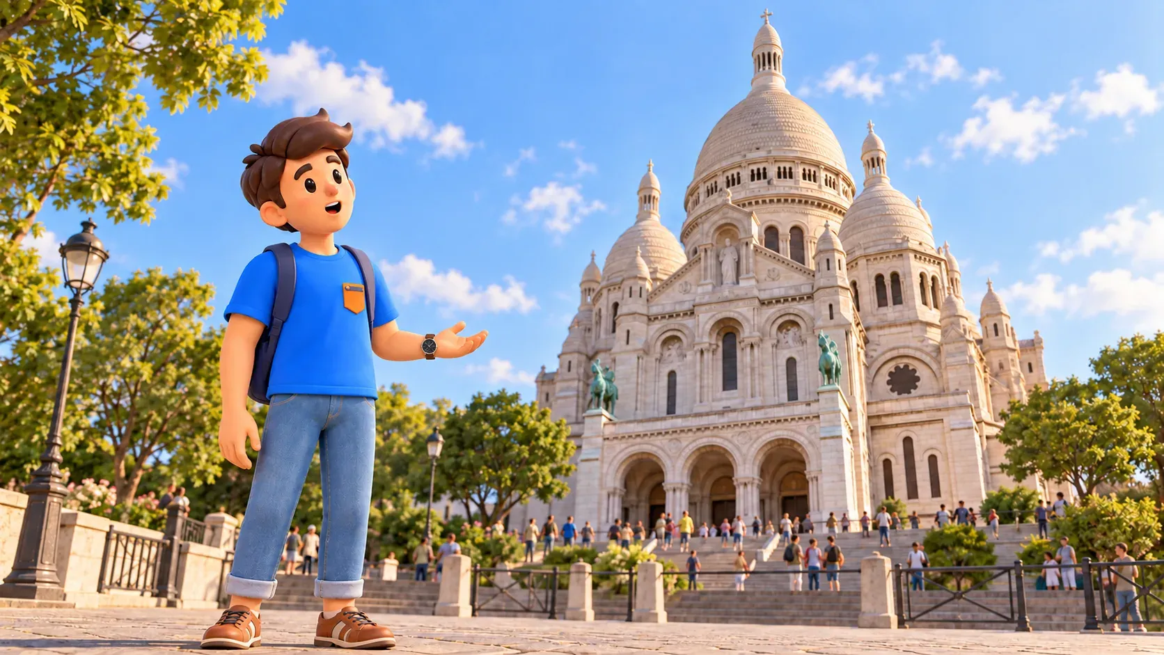The surprised mascot looks at Sacré-Cœur with an open palm.