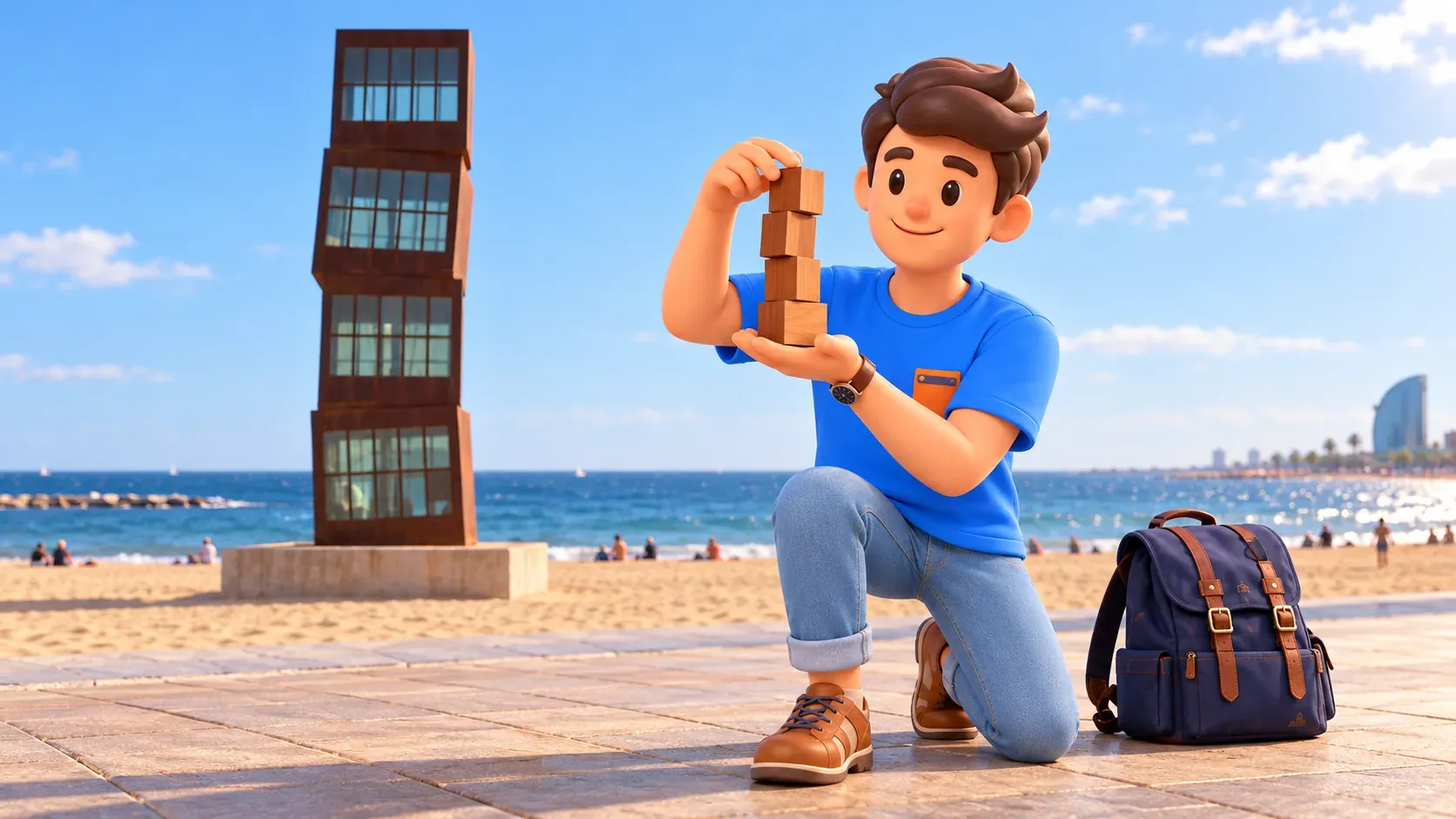 Illustration d’un voyageur avec ses quatre cubes en bois devant les quatre volumes vitrés en acier de L’Estel ferit.