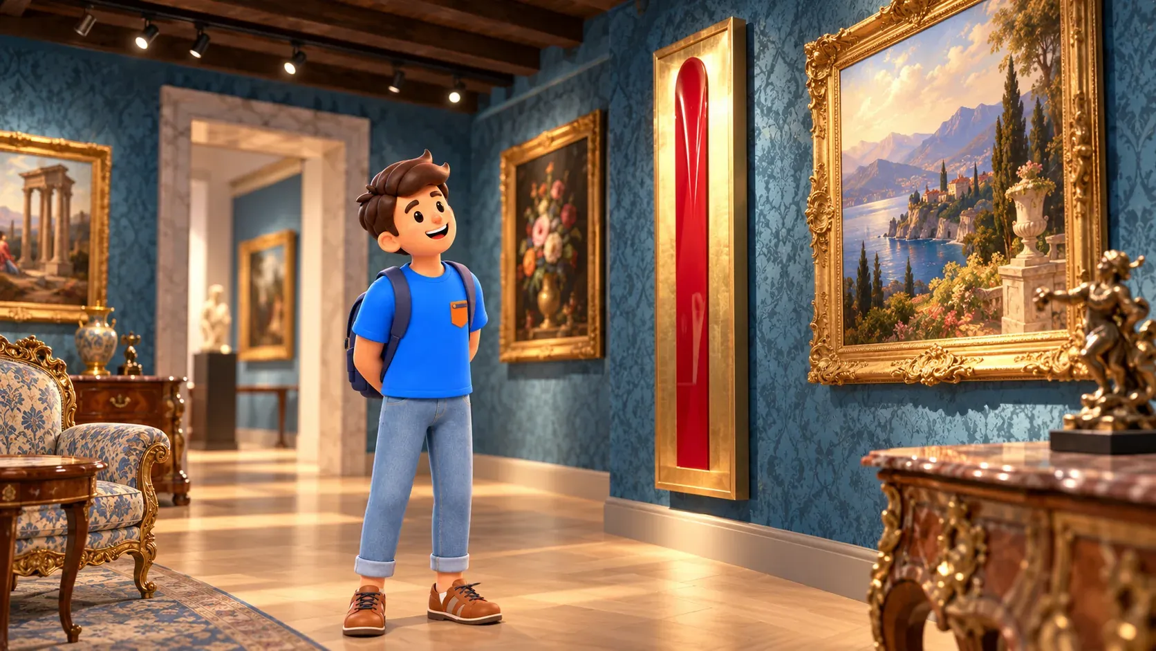 Personnage observant l’art ancien et moderne dans une salle inspirée du Palazzo Maffei