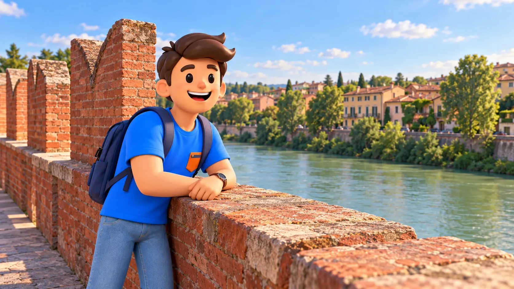 Voyageur faisant une pause au parapet de brique du pont Scaliger au-dessus de l’Adige