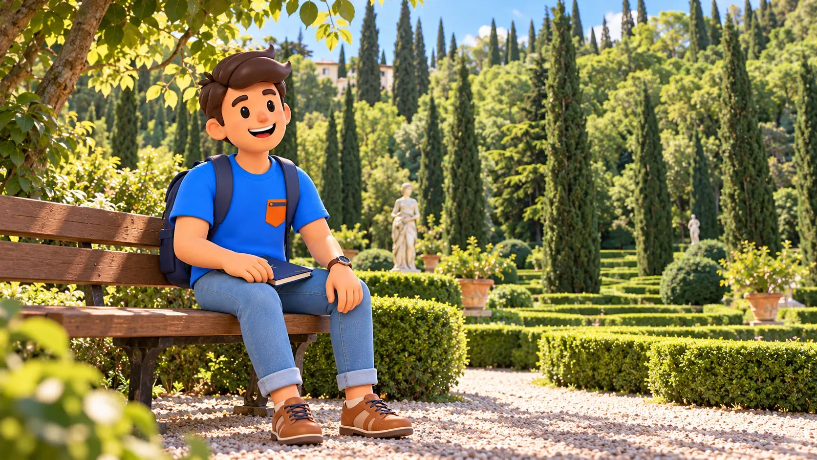 Personnage se reposant avec un carnet fermé sur un banc parmi les haies et cyprès du jardin Giusti
