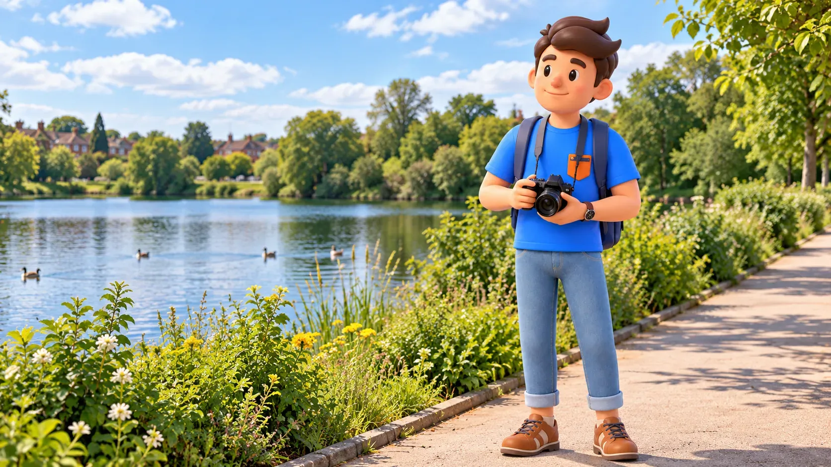 Illustration of a traveller observing waterbirds with a camera from a public path