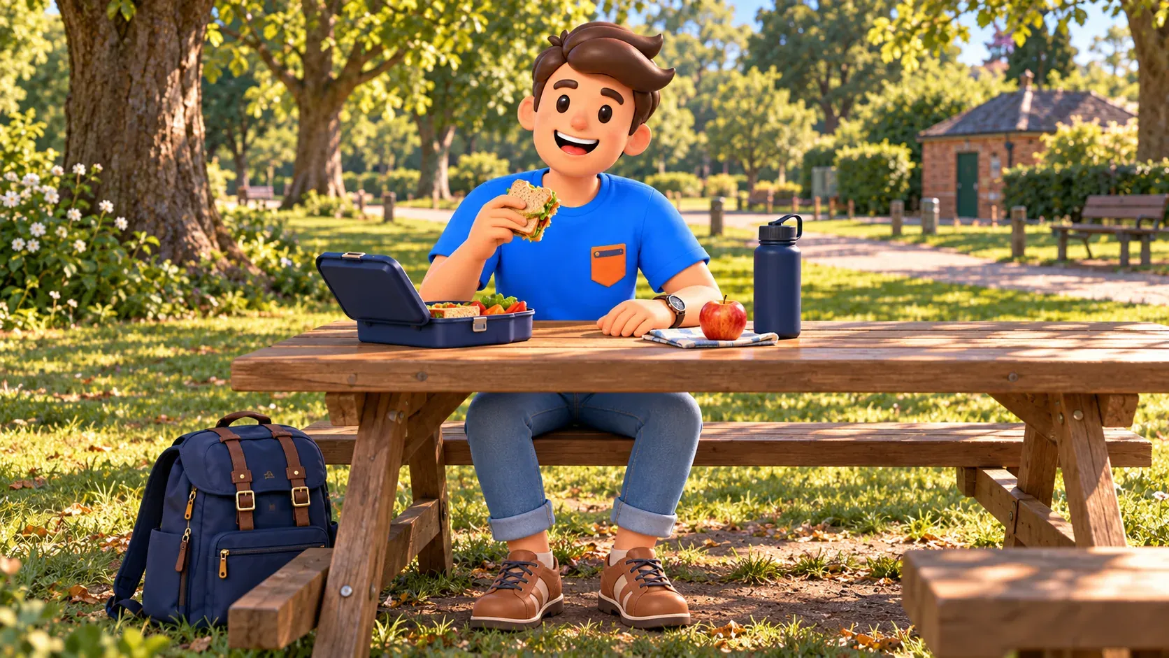 Illustration of a traveller eating a packed lunch at a picnic table away from the water
