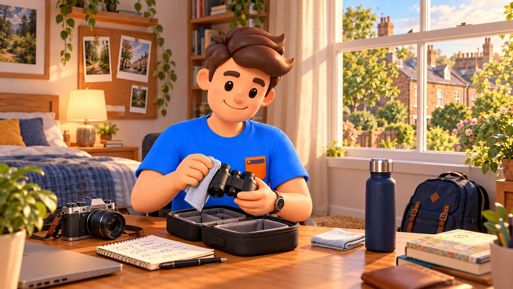 Illustration of a traveller caring for his own binoculars in his room after the outing