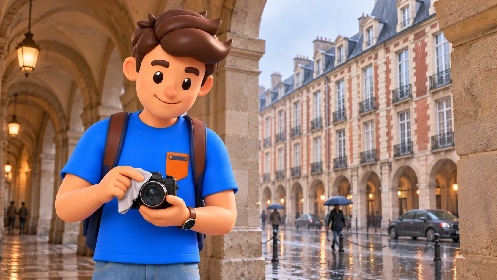 Mascot wiping a camera beneath a Place des Vosges arcade while rain falls outside