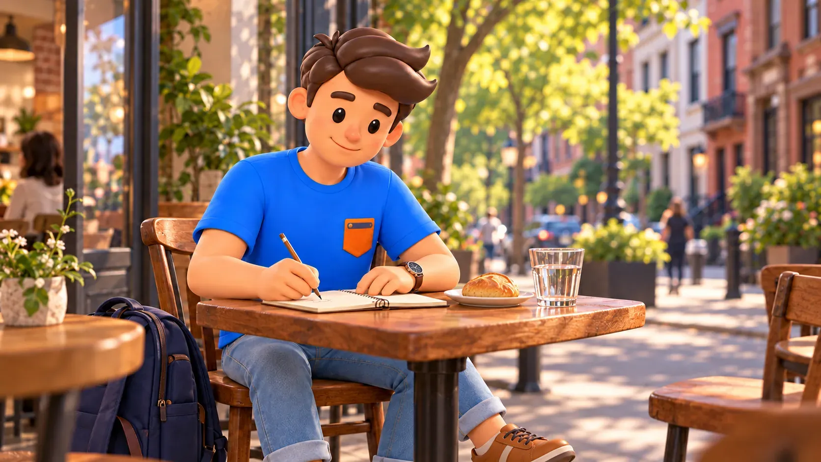 Un voyageur prend des notes pendant une pause calme dans un café de quartier imaginaire.