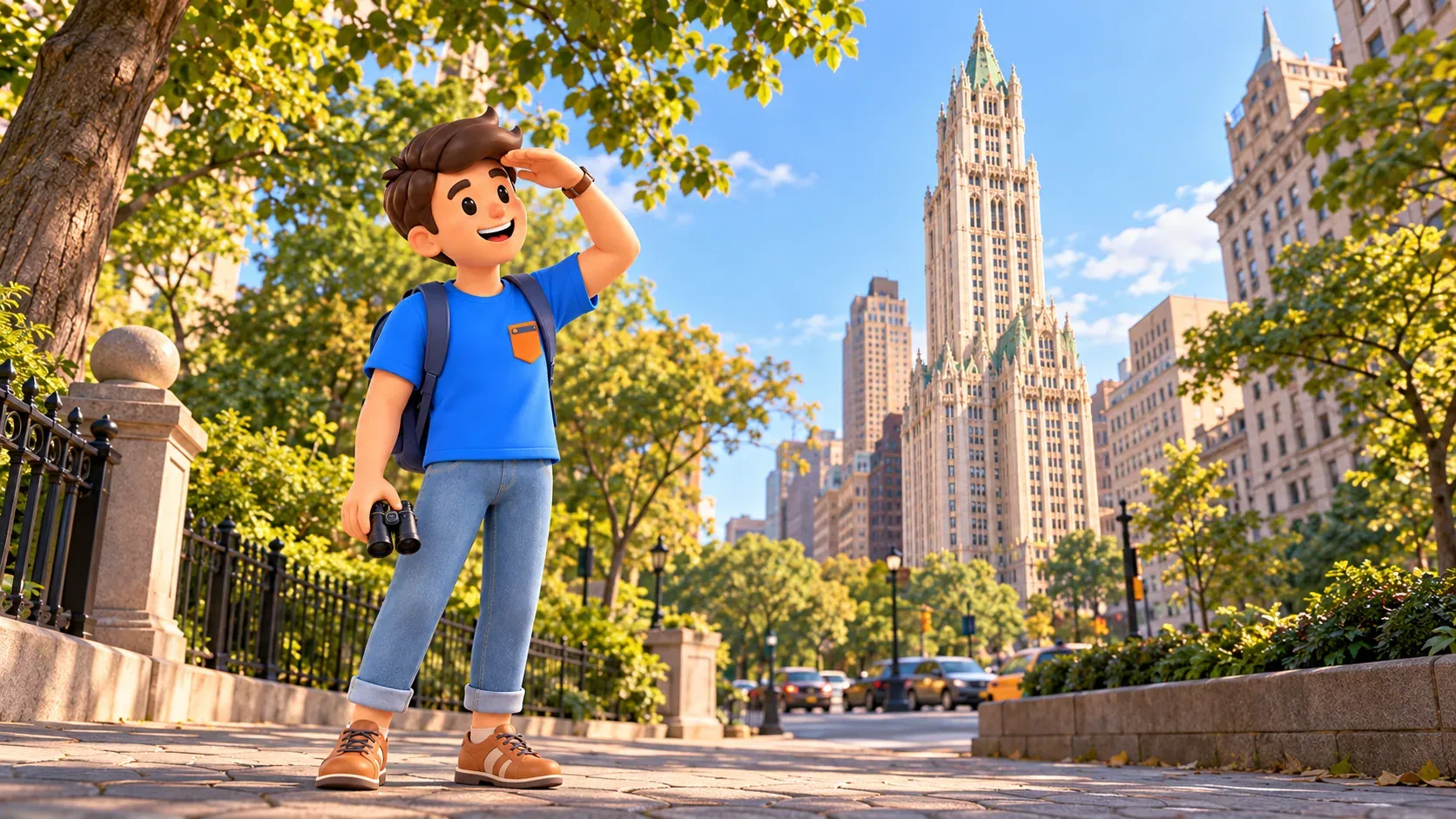 Reisender mit Fernglas betrachtet den neugotischen Turm des Woolworth Building.