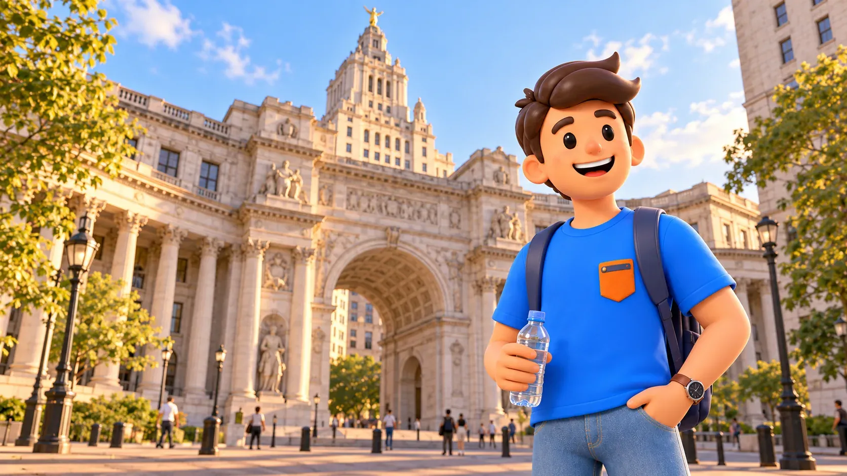 Reisender mit Wasserflasche nahe einem stilisierten Manhattan Municipal Building.
