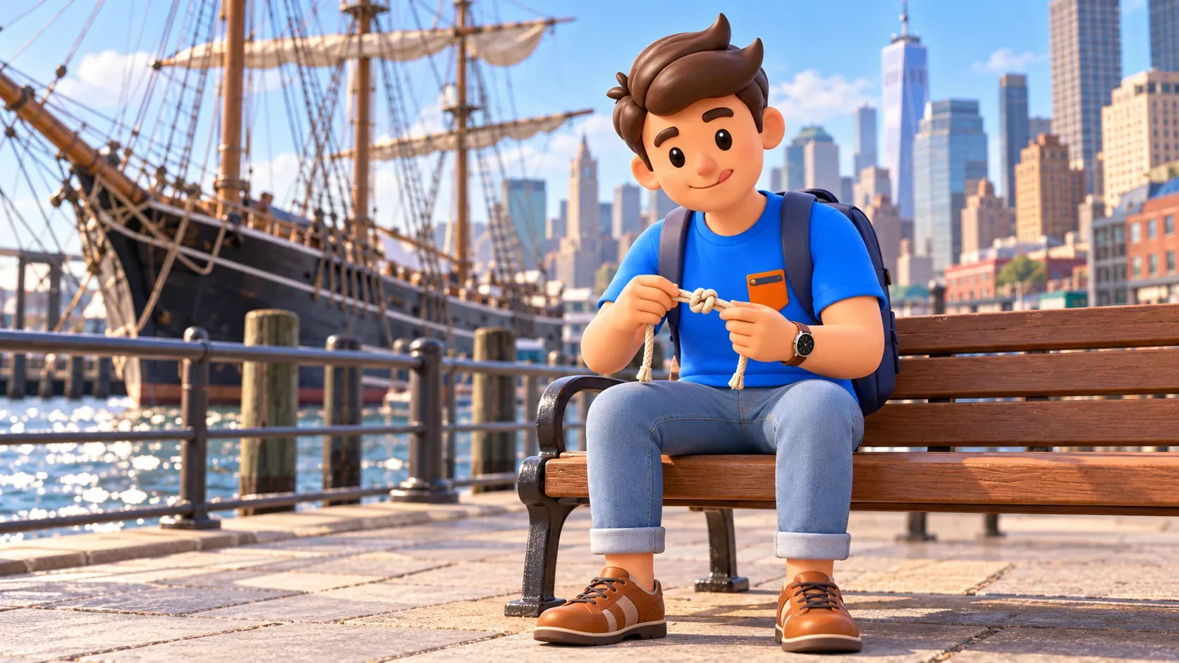 Voyageur nouant son propre cordon sur un banc public du Seaport.