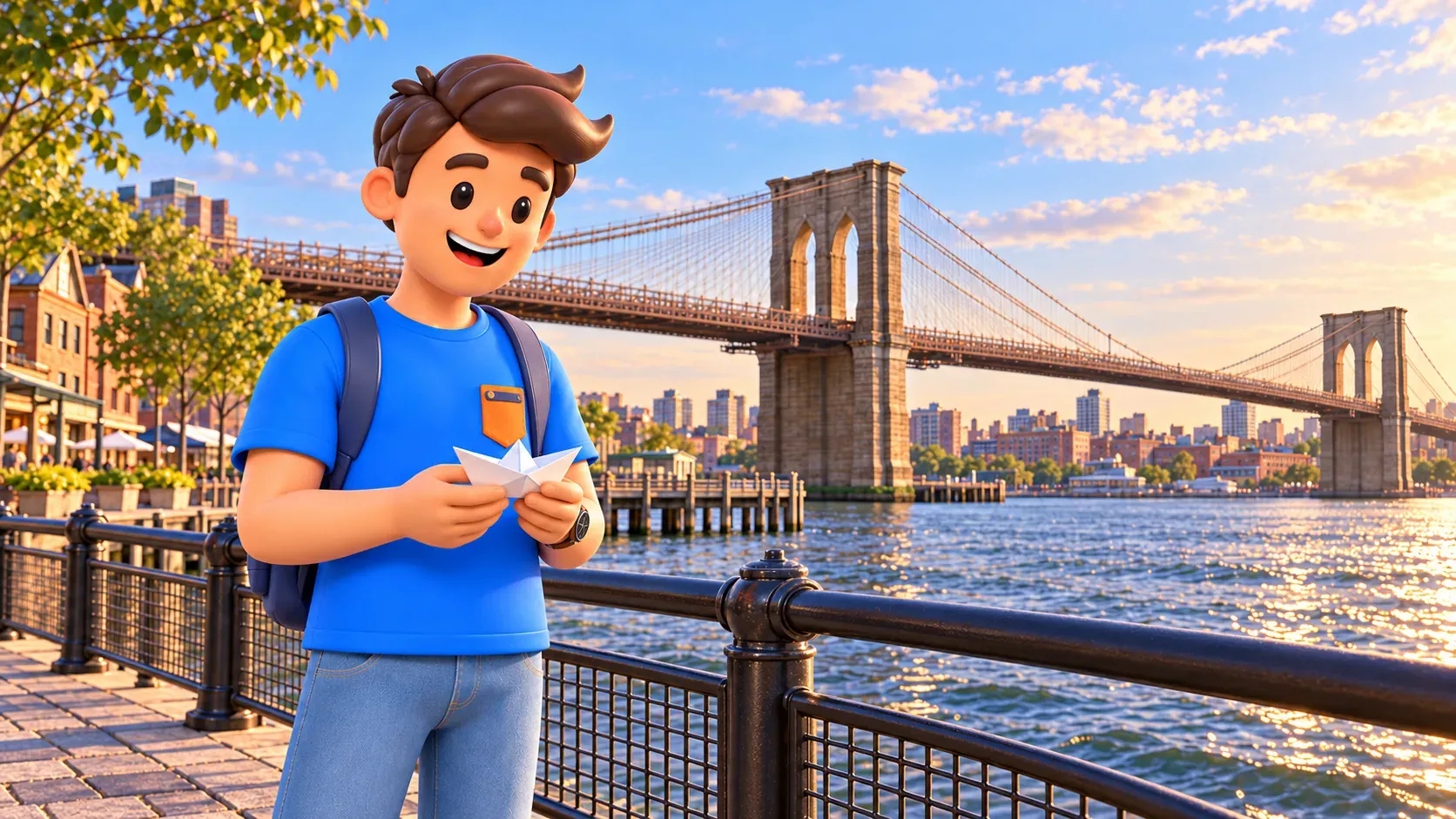 Voyageur tenant un bateau en papier au bord de l’eau devant le pont de Brooklyn.