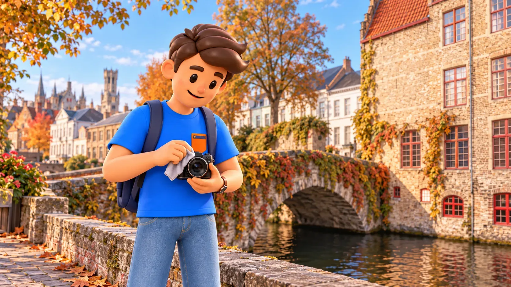 Personnage essuyant un appareil photo près d’un pont de pierre sur le Groenerei