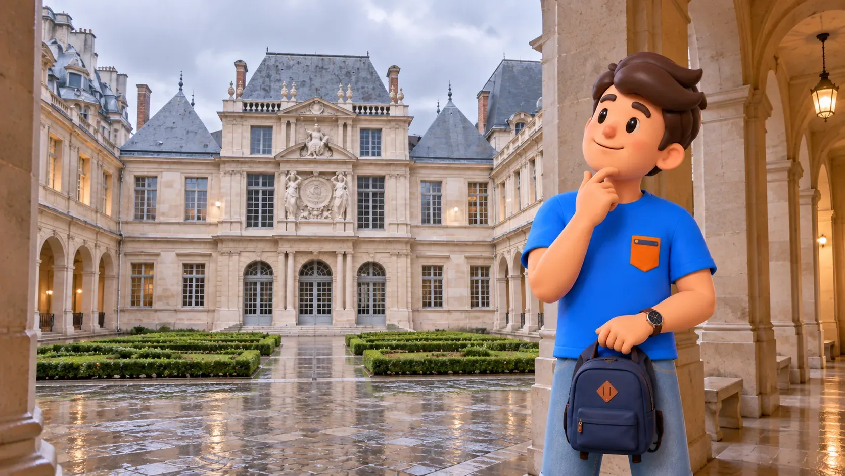 Mascot studying a Carnavalet courtyard façade while holding a small bag in front