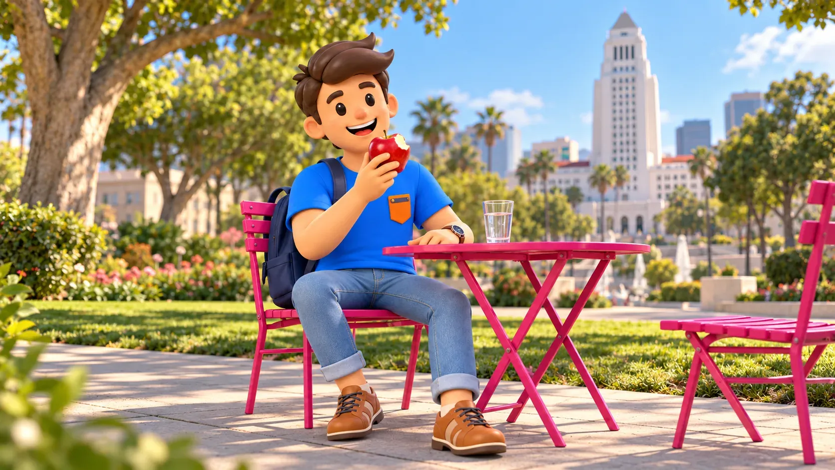 A traveler pauses with an apple at a pink park table, in an artistic scene.