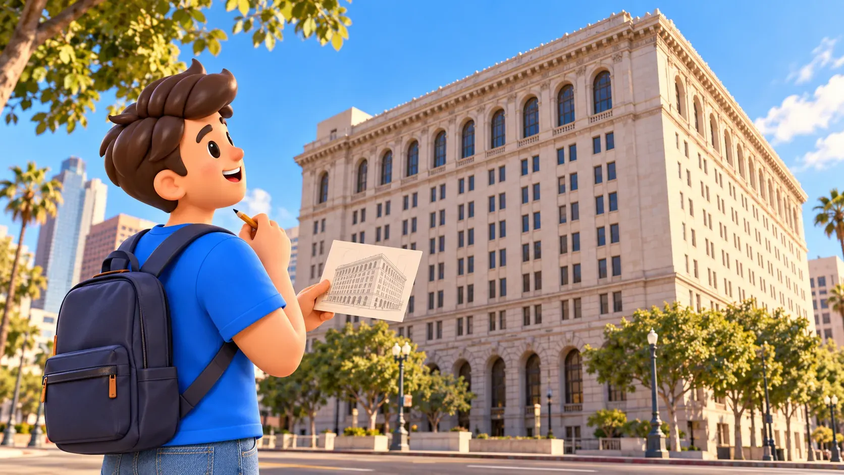 The traveler compares an architectural drawing with a substantial civic facade, in an illustration.