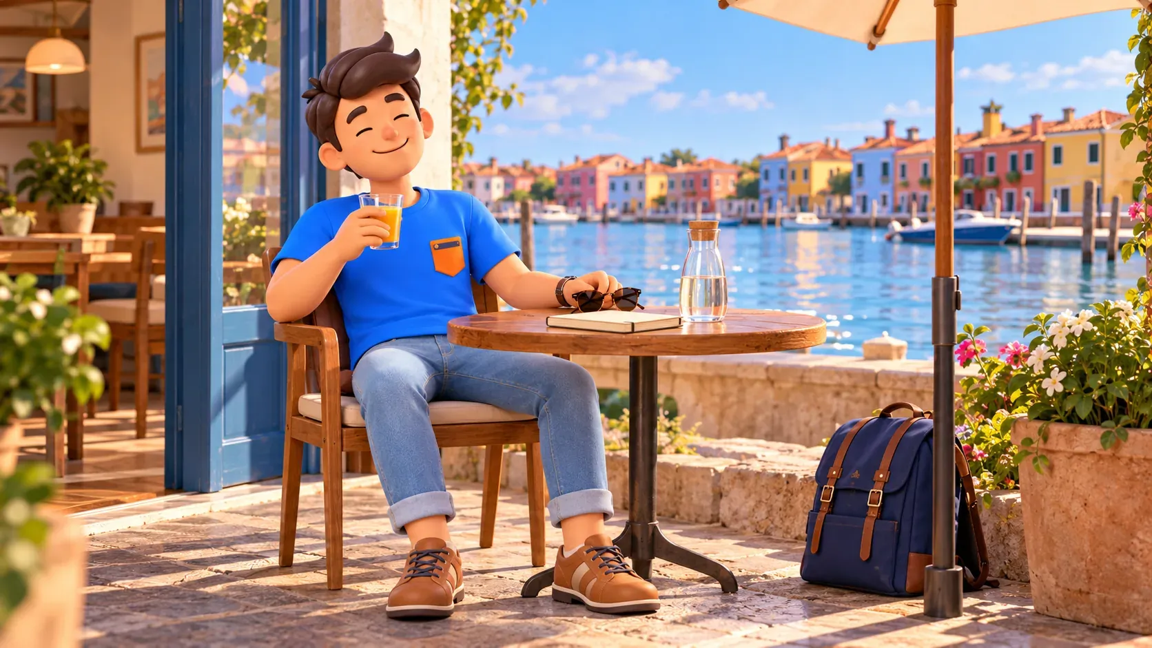 Illustration conceptuelle d’une pause dans un café non nommé au bord de la lagune