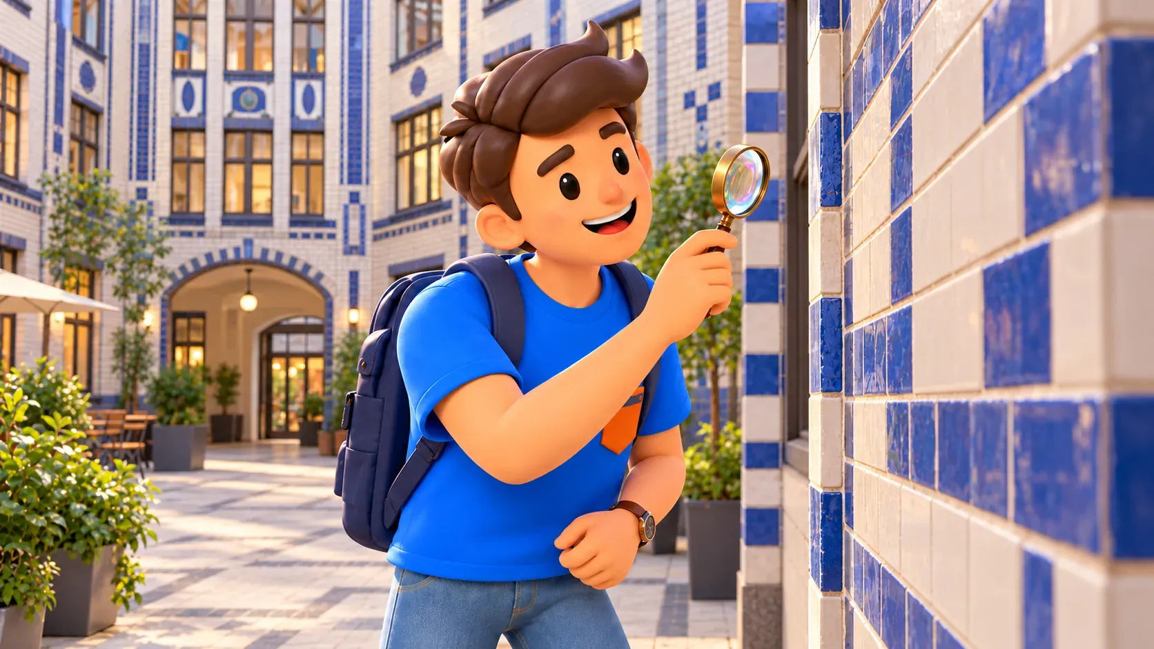 Illustration of a traveller examining blue and white courtyard tiles through a magnifying glass.
