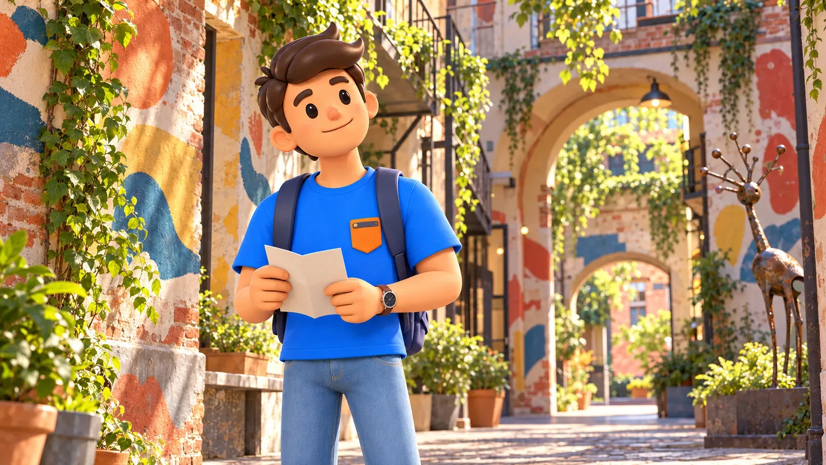 Illustration of a traveller with a leaflet in an artistic courtyard with colourful walls.