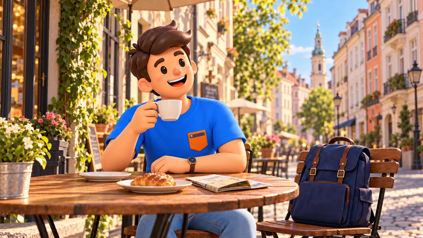 Illustration of a traveller resting at a café table on a Berlin street with a distant church tower.
