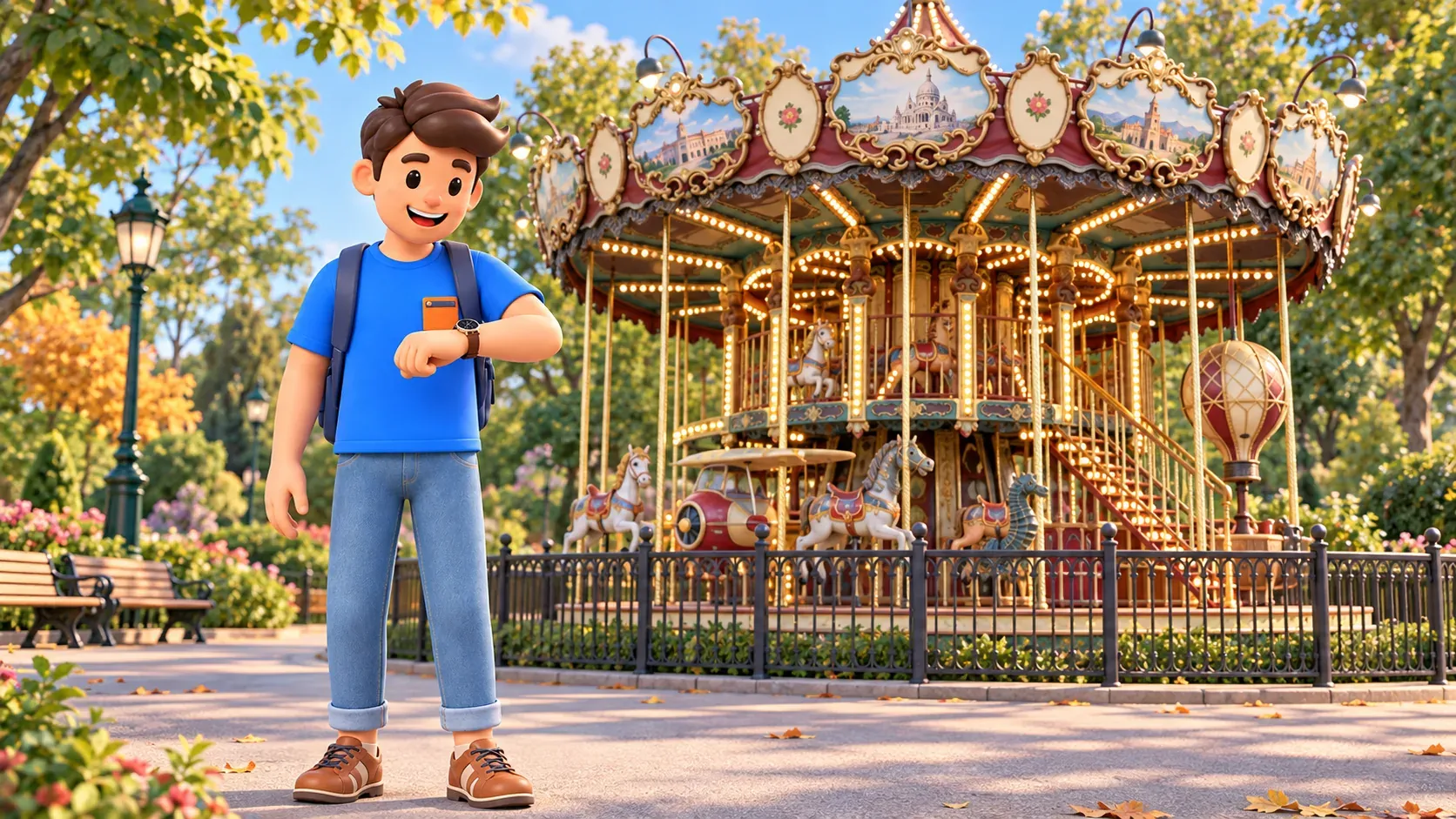 A traveler checks his left wristwatch on the public path outside the fence of a two-tier carousel at Jardin d’Acclimatation.