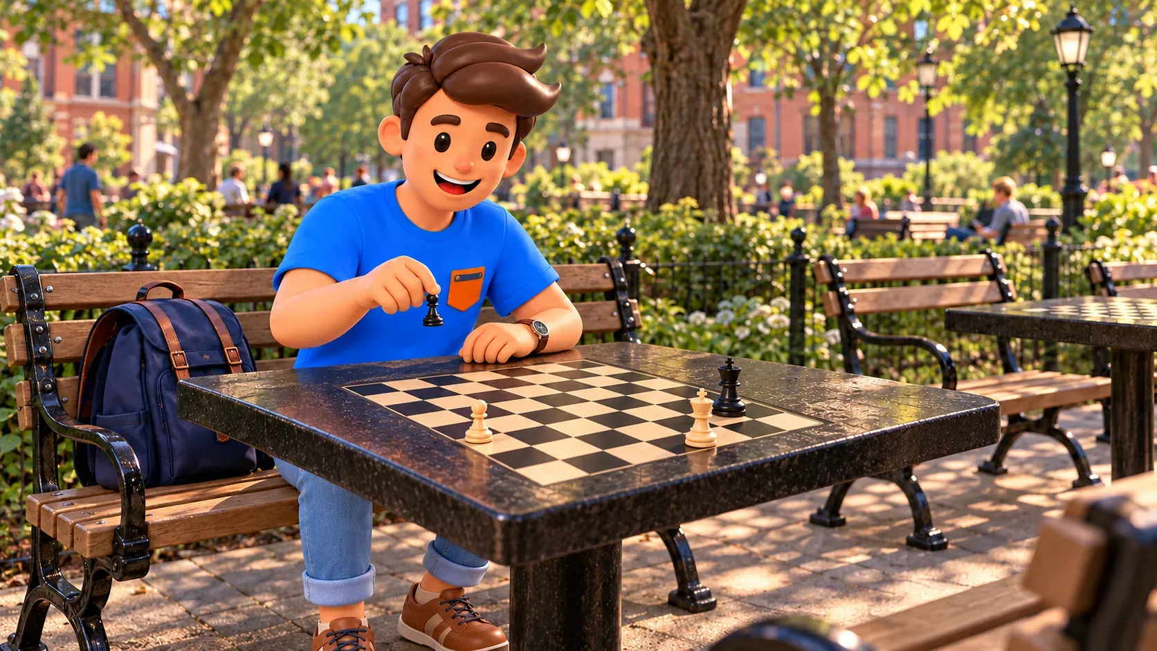 A traveler holds a chess pawn above a board at an outdoor park table.
