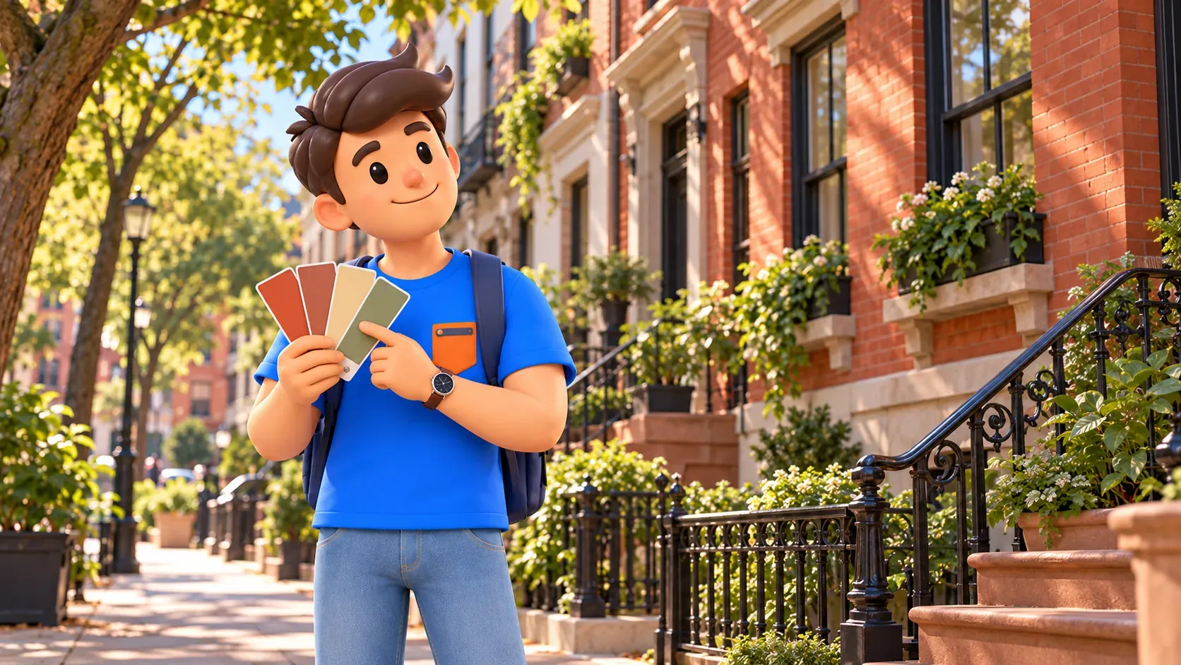 A traveler compares warm color swatches with brick facades on a residential street.