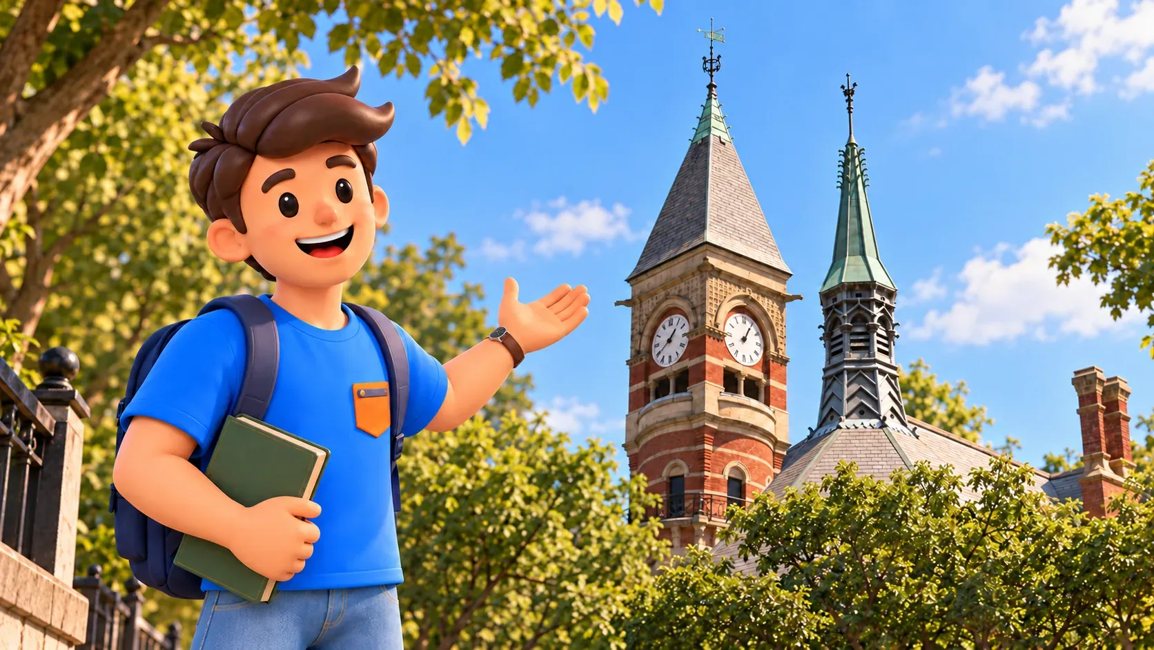 A traveler holding a closed green book gestures towards the tower of Jefferson Market Library.