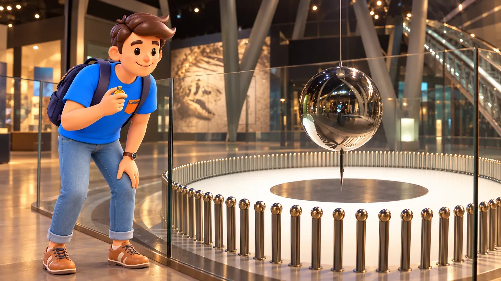 Illustration of a traveller holding a pocket timer beside a museum pendulum behind glass.