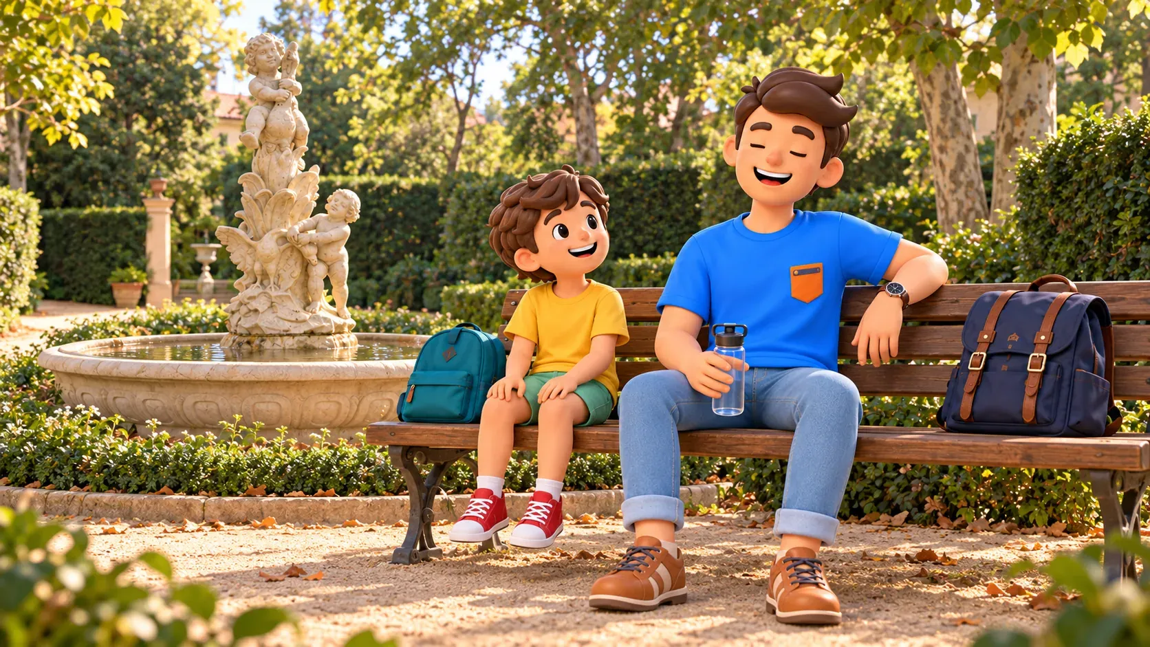 Illustration of a traveller and child resting on a bench in the Tamarita gardens.