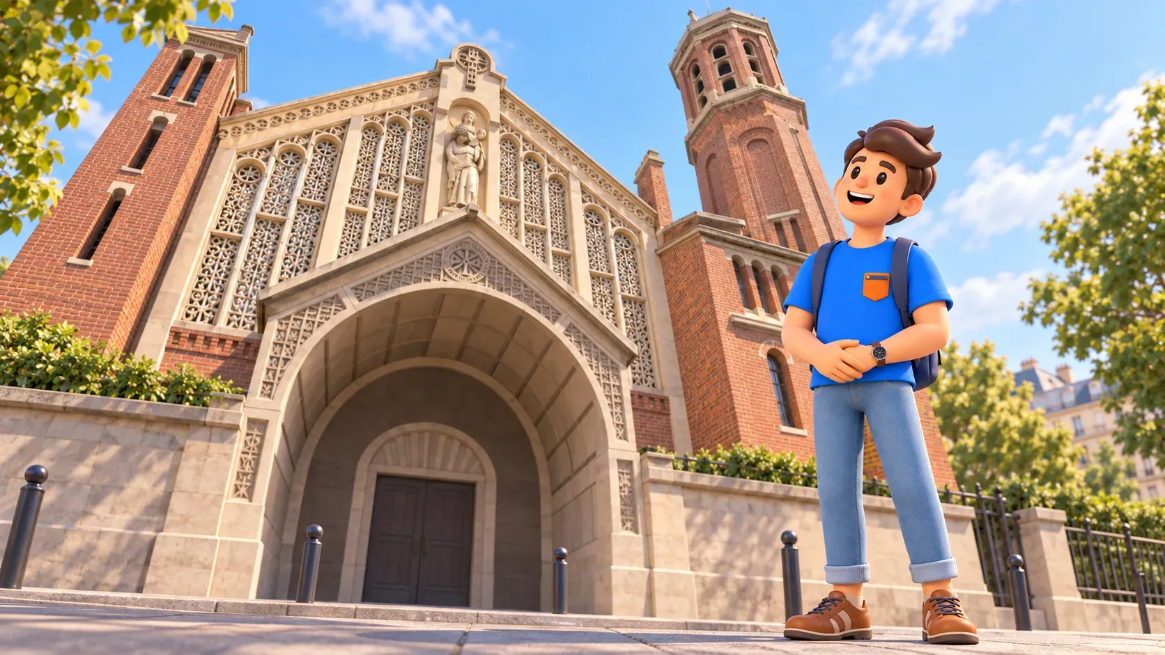 A traveler studies the geometric concrete decoration and red-brick facade of Saint-Christophe-de-Javel from the public approach.