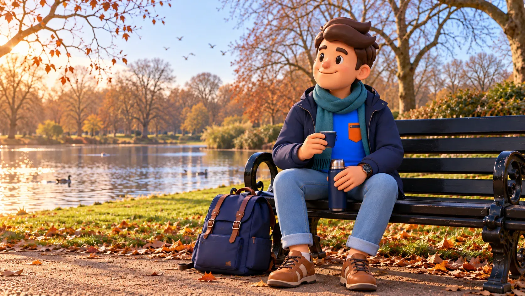 Illustration d’une pause avec un thermos personnel sur un banc de parc londonien en hiver