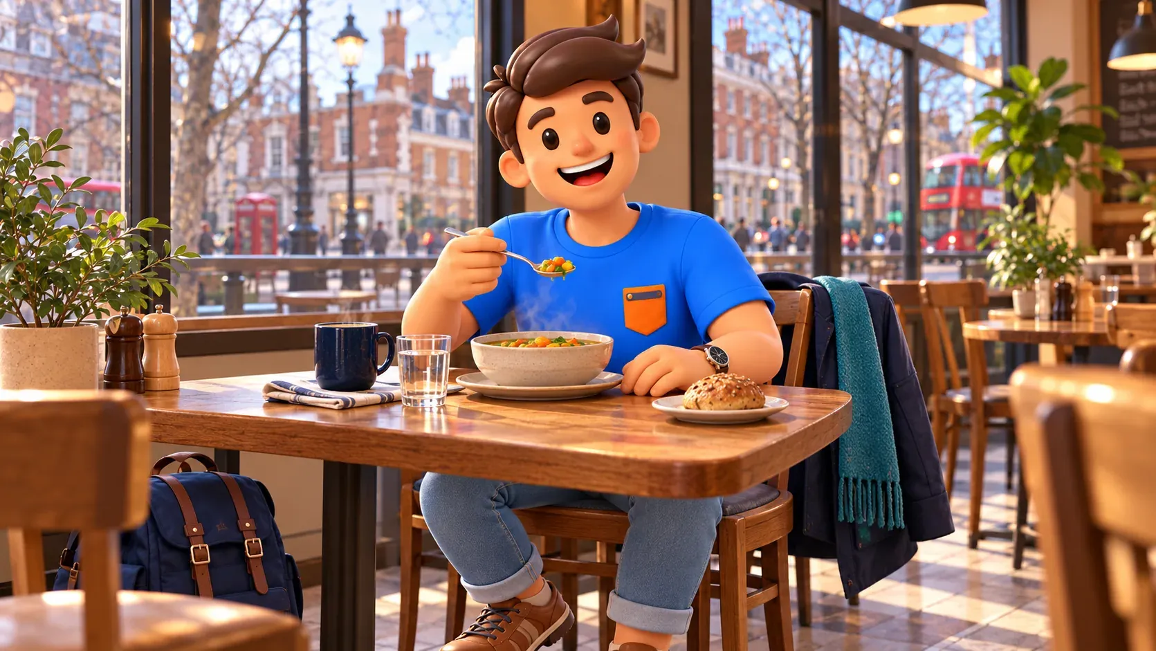 Illustration d’un déjeuner dans un café londonien après une promenade hivernale
