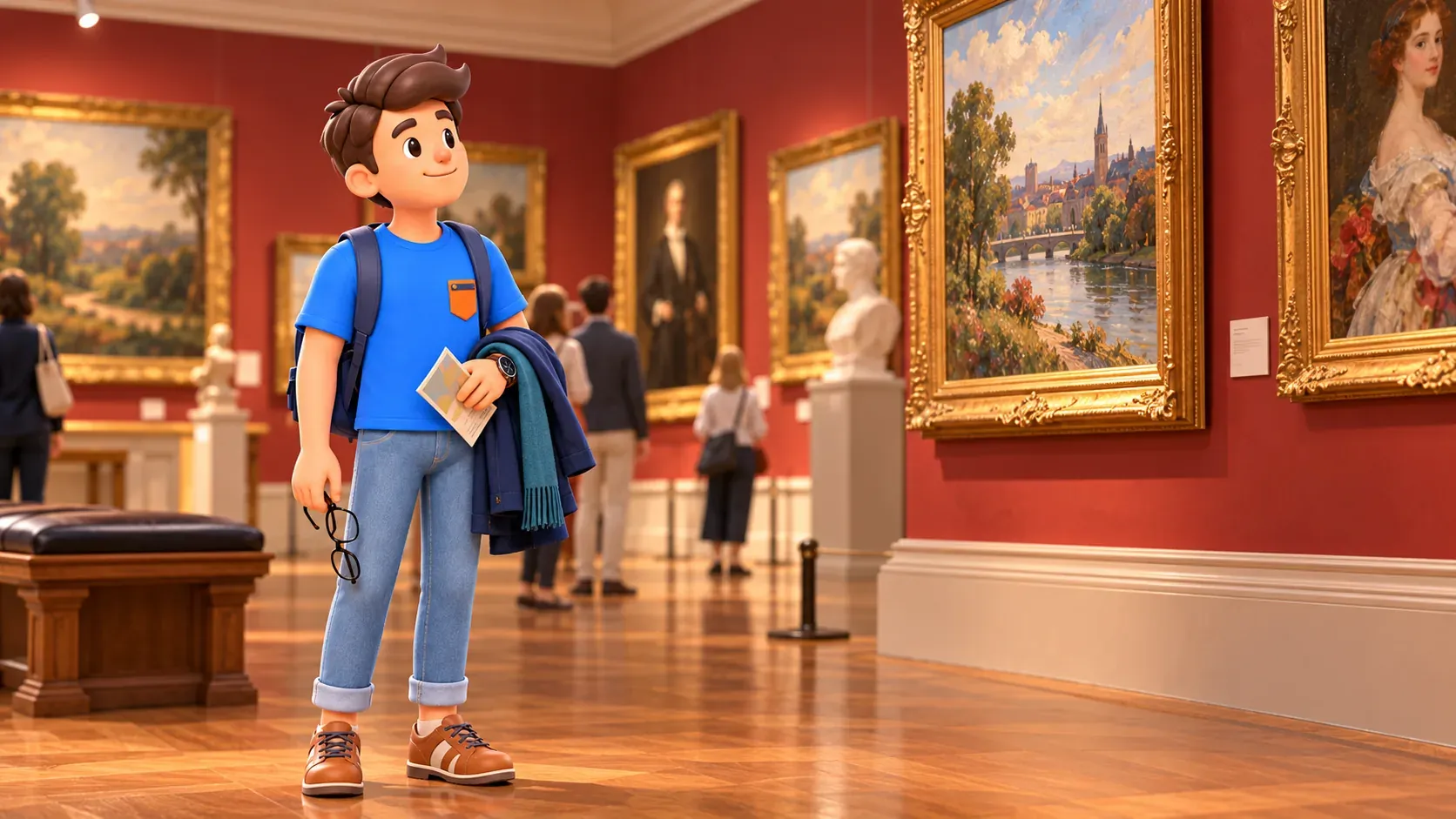Illustration thématique d’une visite de peintures sans reproduire une salle précise de musée