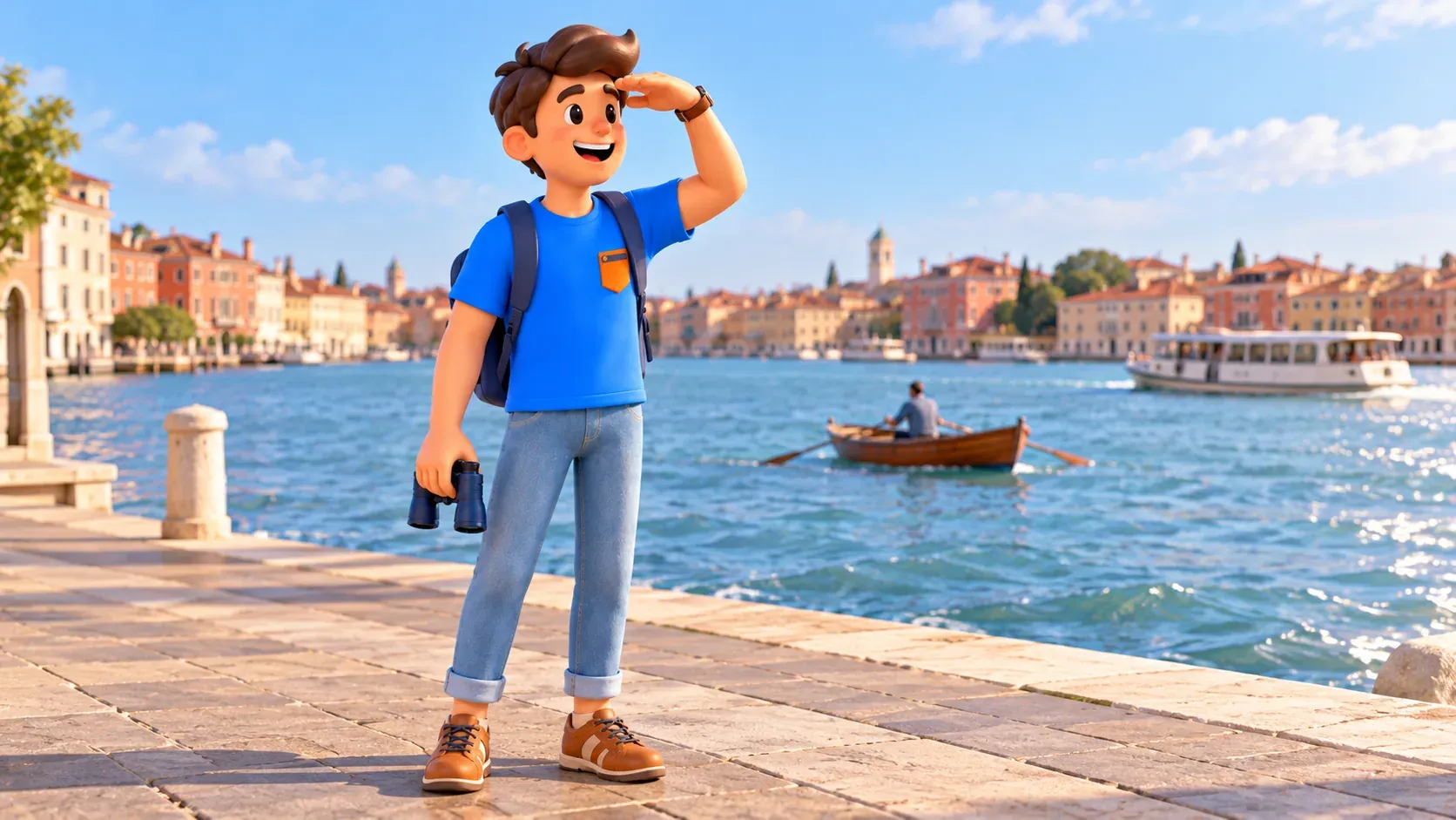 Symbolische Illustration der Beobachtung von Booten von einem öffentlichen Ufer in Venedig
