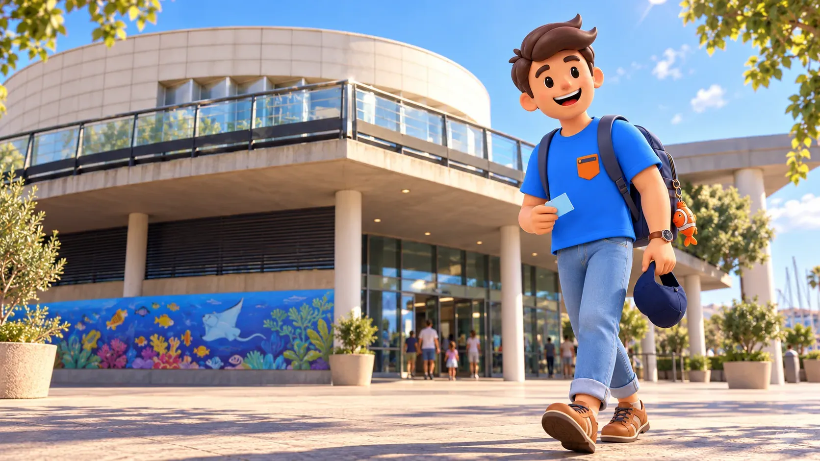 Illustration of a traveller with a cap and card outside Barcelona Aquarium’s curved building.