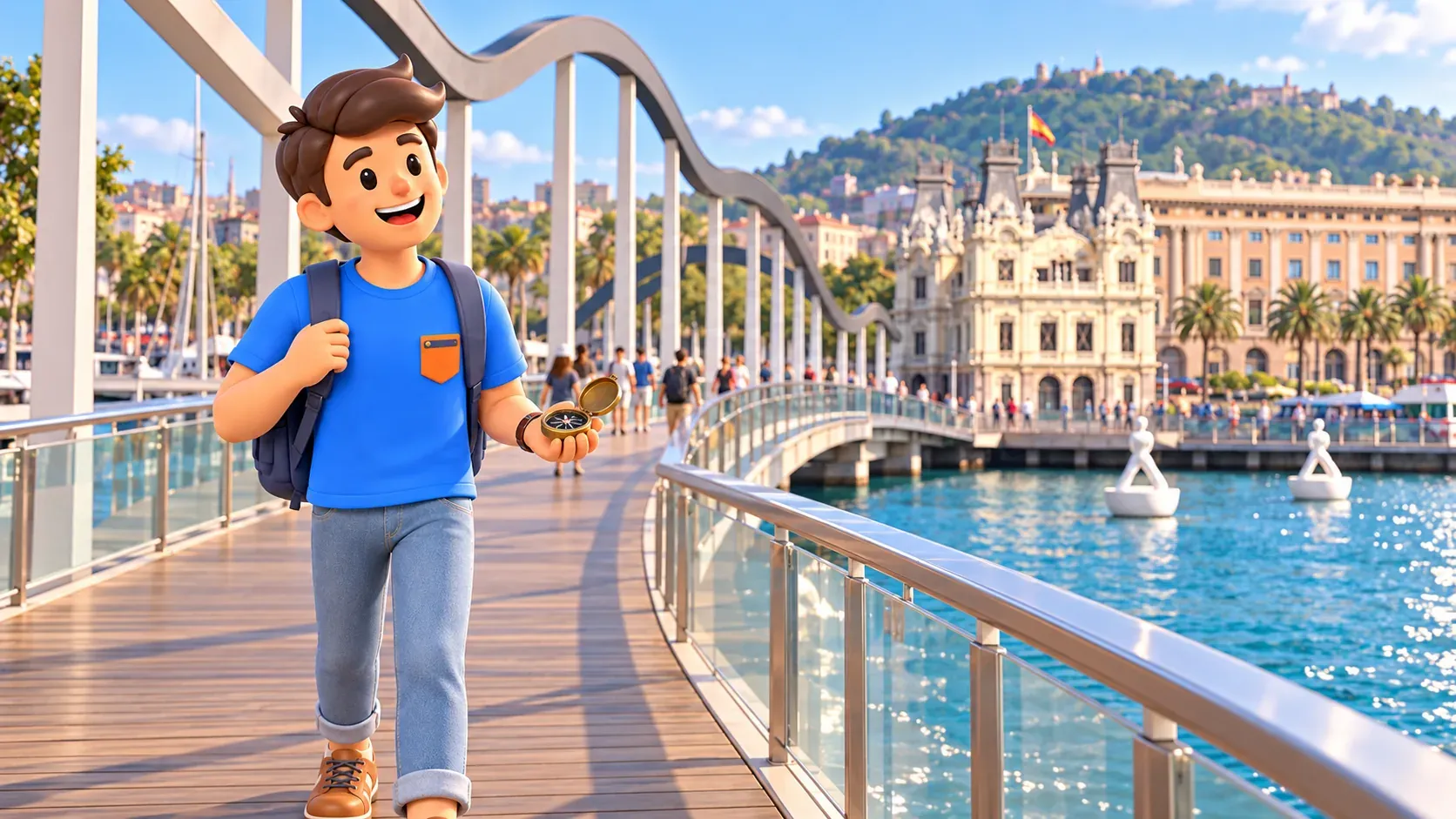 Illustration of a traveller with a pocket compass on the Rambla de Mar footbridge.