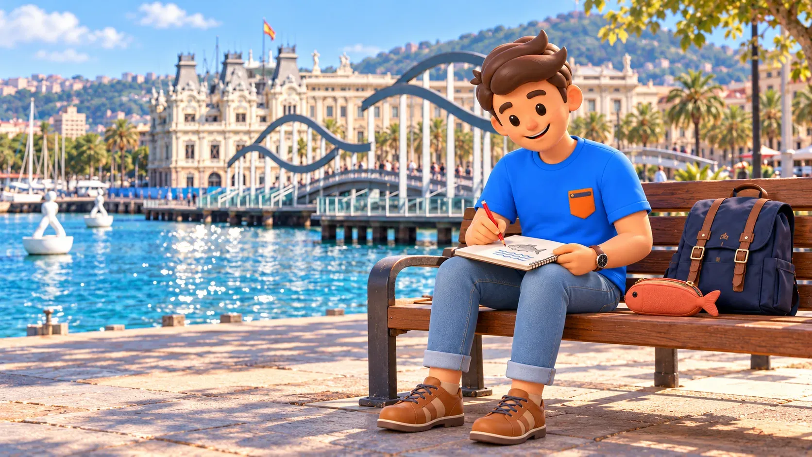 Illustration of a traveller sketching a fish in a notebook during a pause beside Port Vell.
