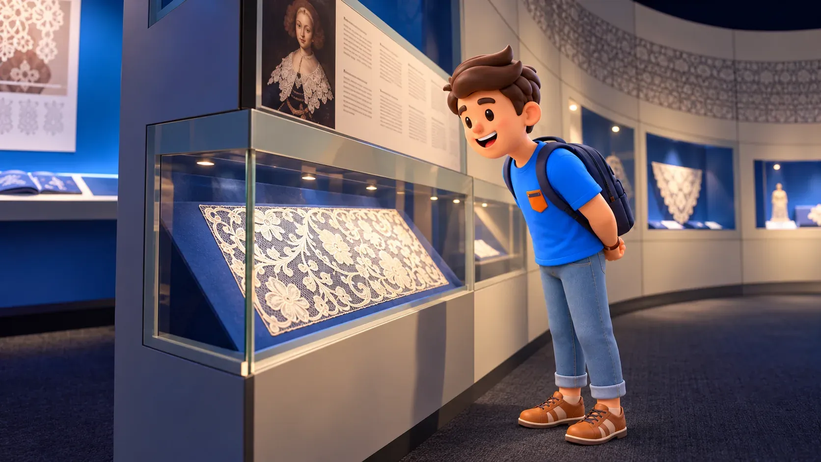 Personnage observant une dentelle derrière une vitrine, les mains dans le dos