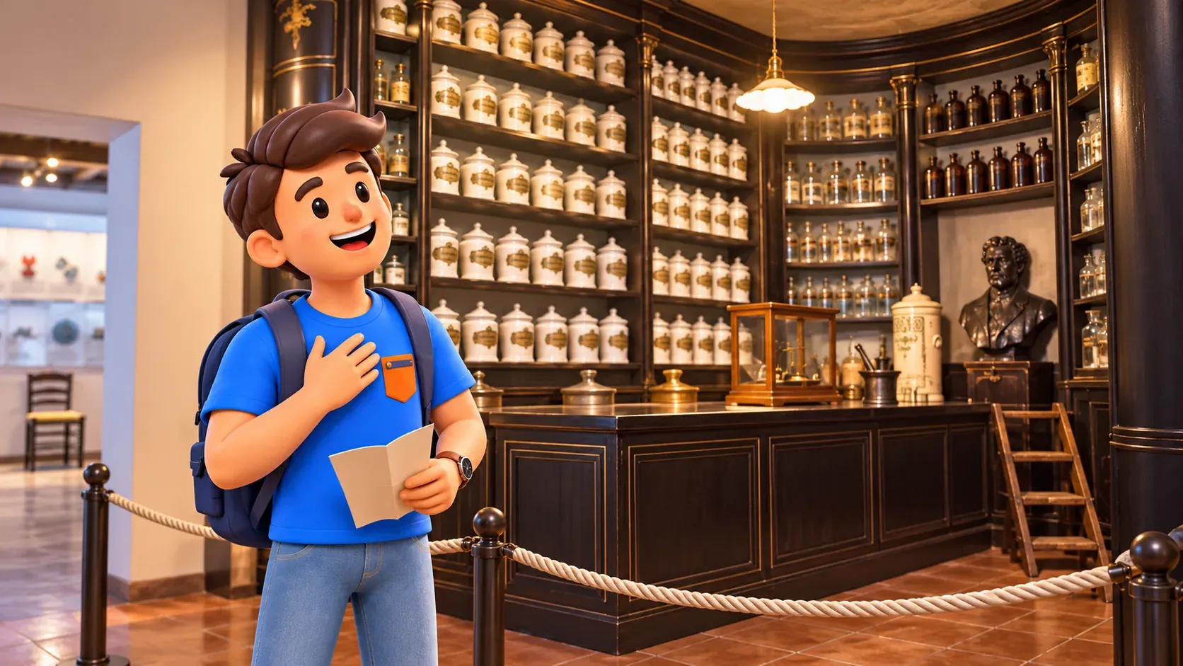 Personnage avec un dépliant du côté visiteurs de la pharmacie historique du musée