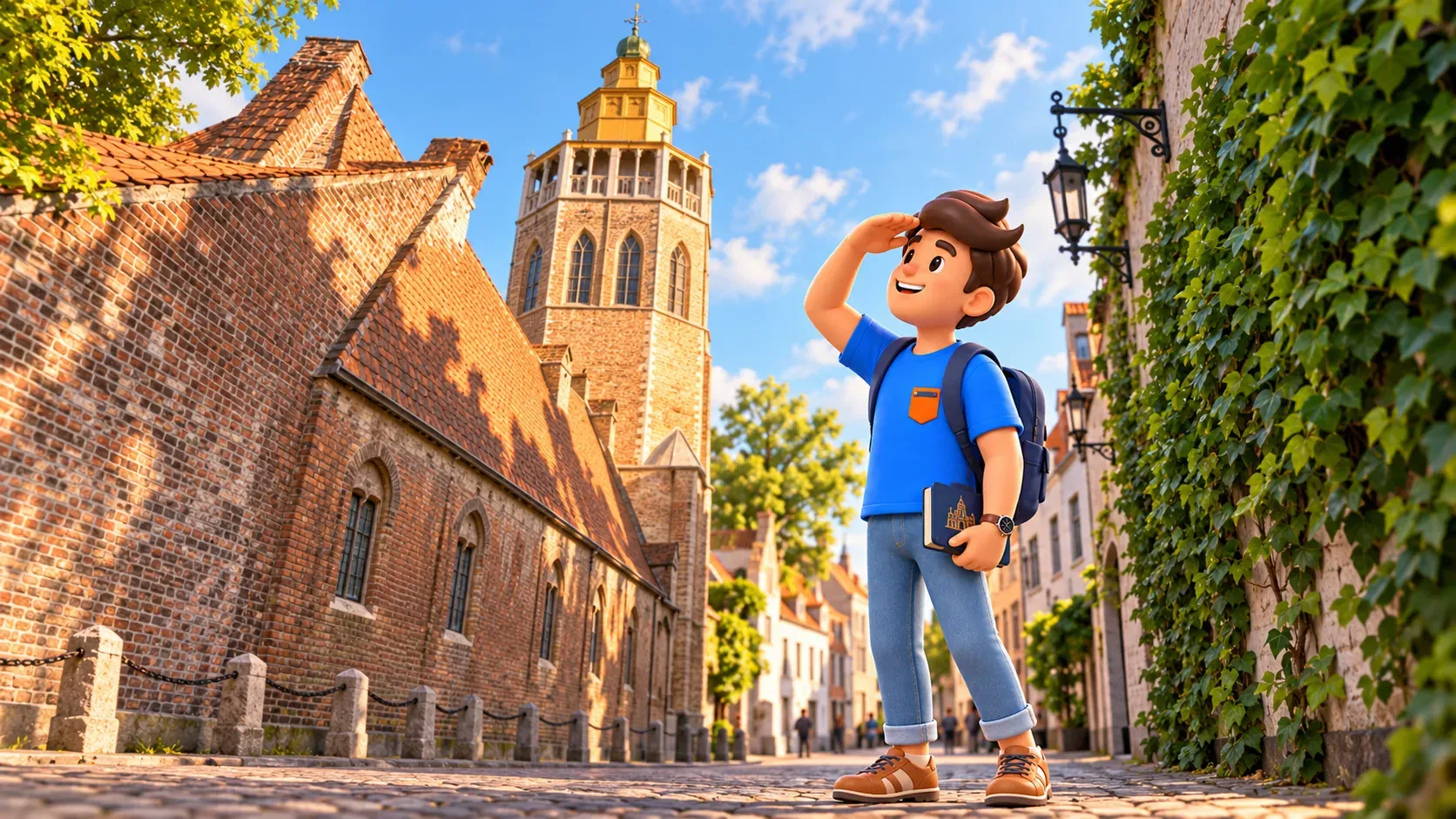Personnage avec un petit livre regardant la tour de la chapelle de Jérusalem depuis la rue