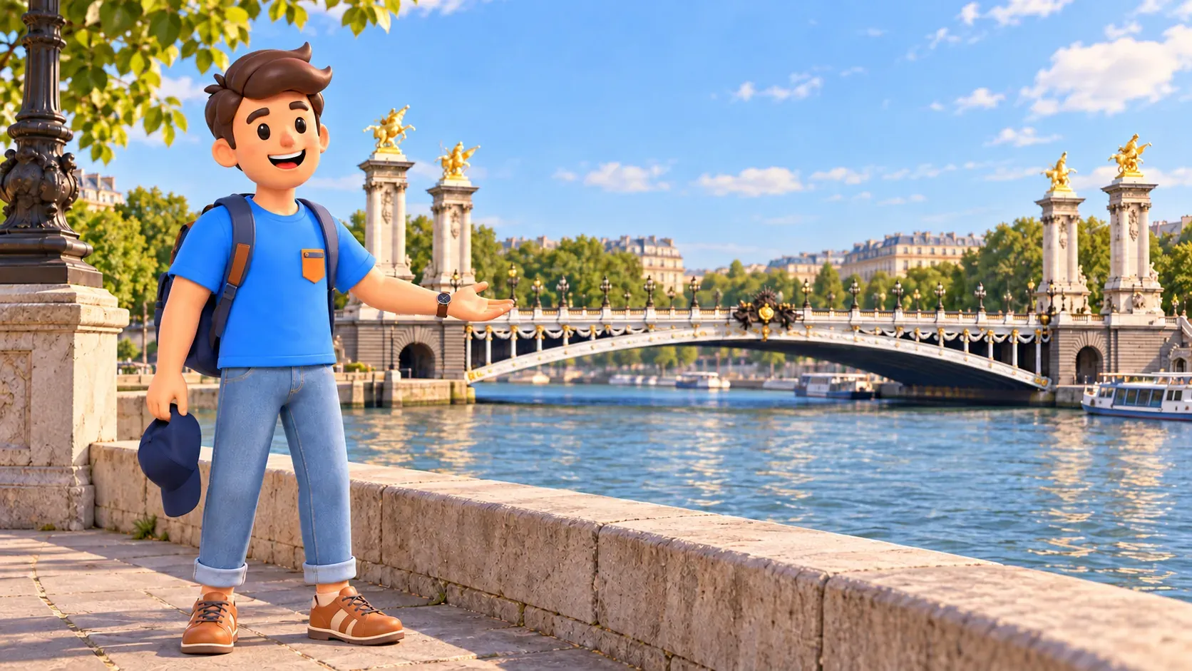 Die Figur hält eine Kappe an der Seine vor dem Pont Alexandre III mit vergoldeten Figuren.