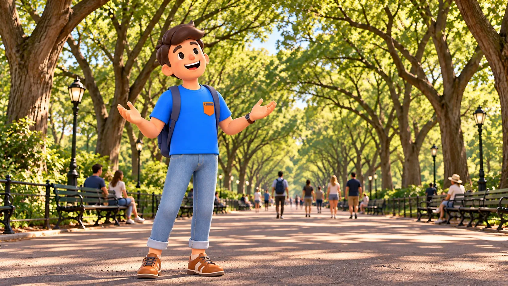 El personaje admira la bóveda de árboles del Mall